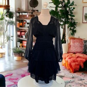 Isabel Marant Silk Sheer Puff Sleeve Tiered Ruffled Mini Dress Black